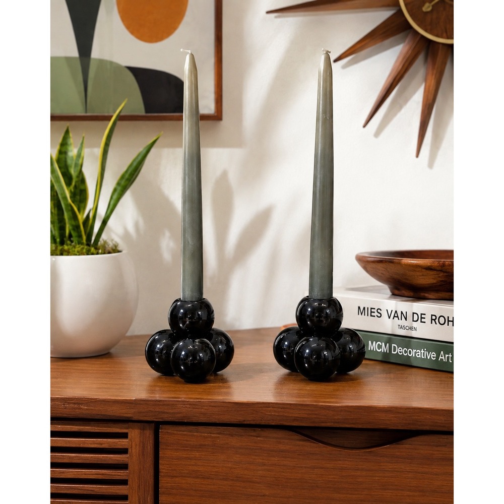 Vintage Westmoreland Black Glass 3 Ball Candle Holders Pair MCM Gothic Decor